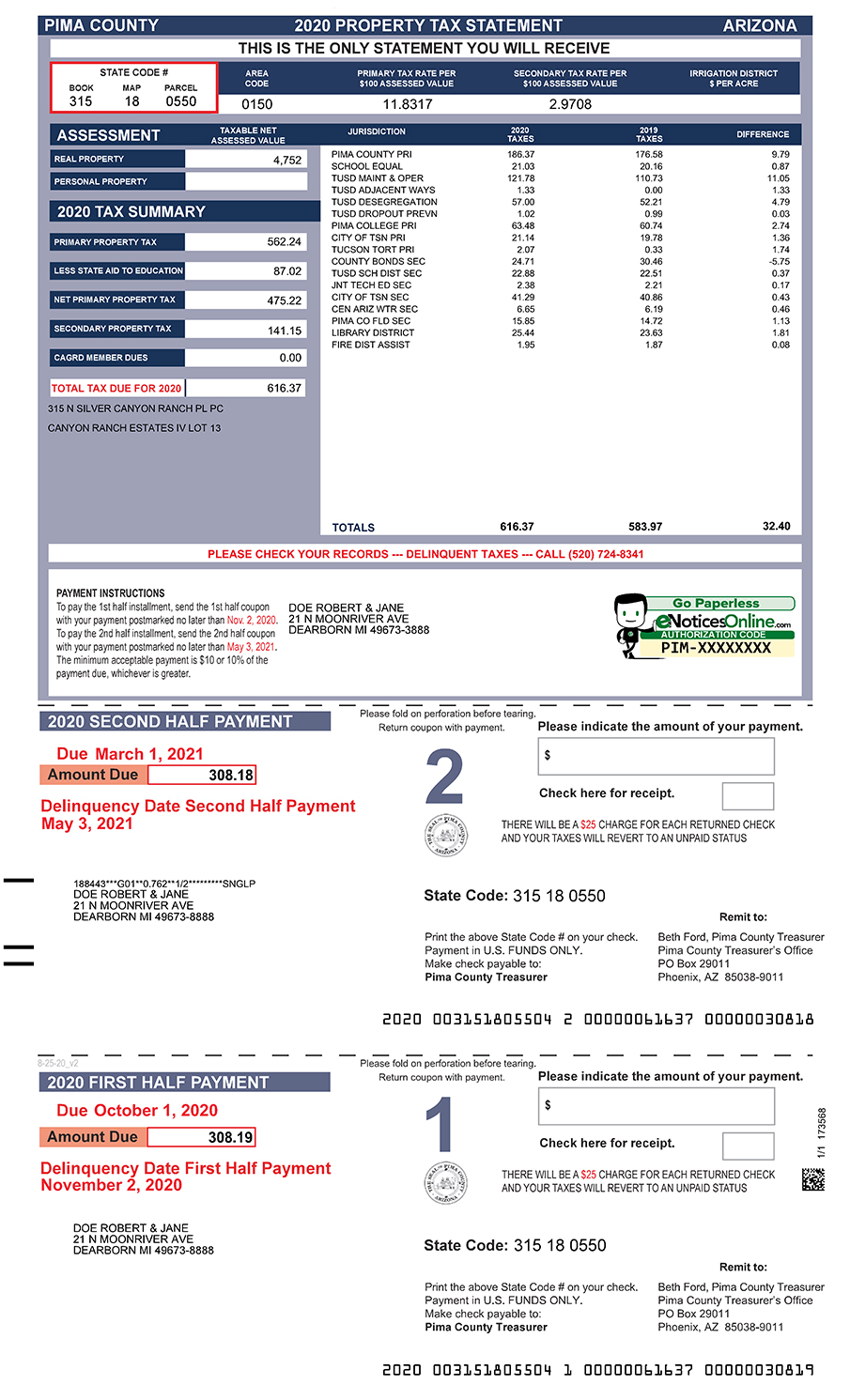 Tax Statement with Coupon | Pima County Arizona